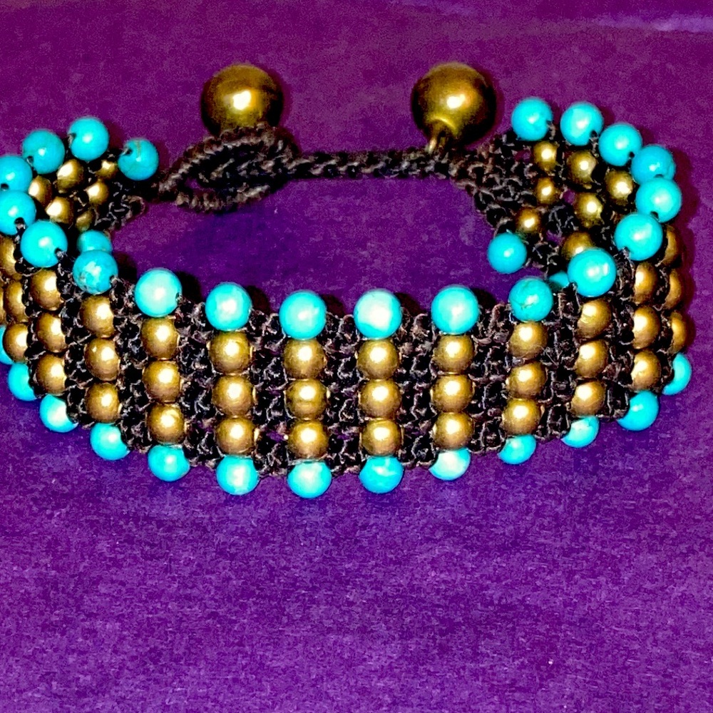 Blue and copper tone crochet bracelet